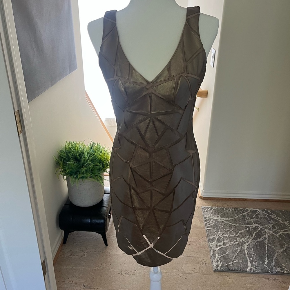 Cache Frosted Gold Faux Leather Cut Out Mesh Dress